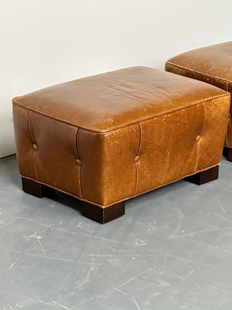 Rare Pair French Art Deco Style Leather Ottomans, Low Stools, Distressed