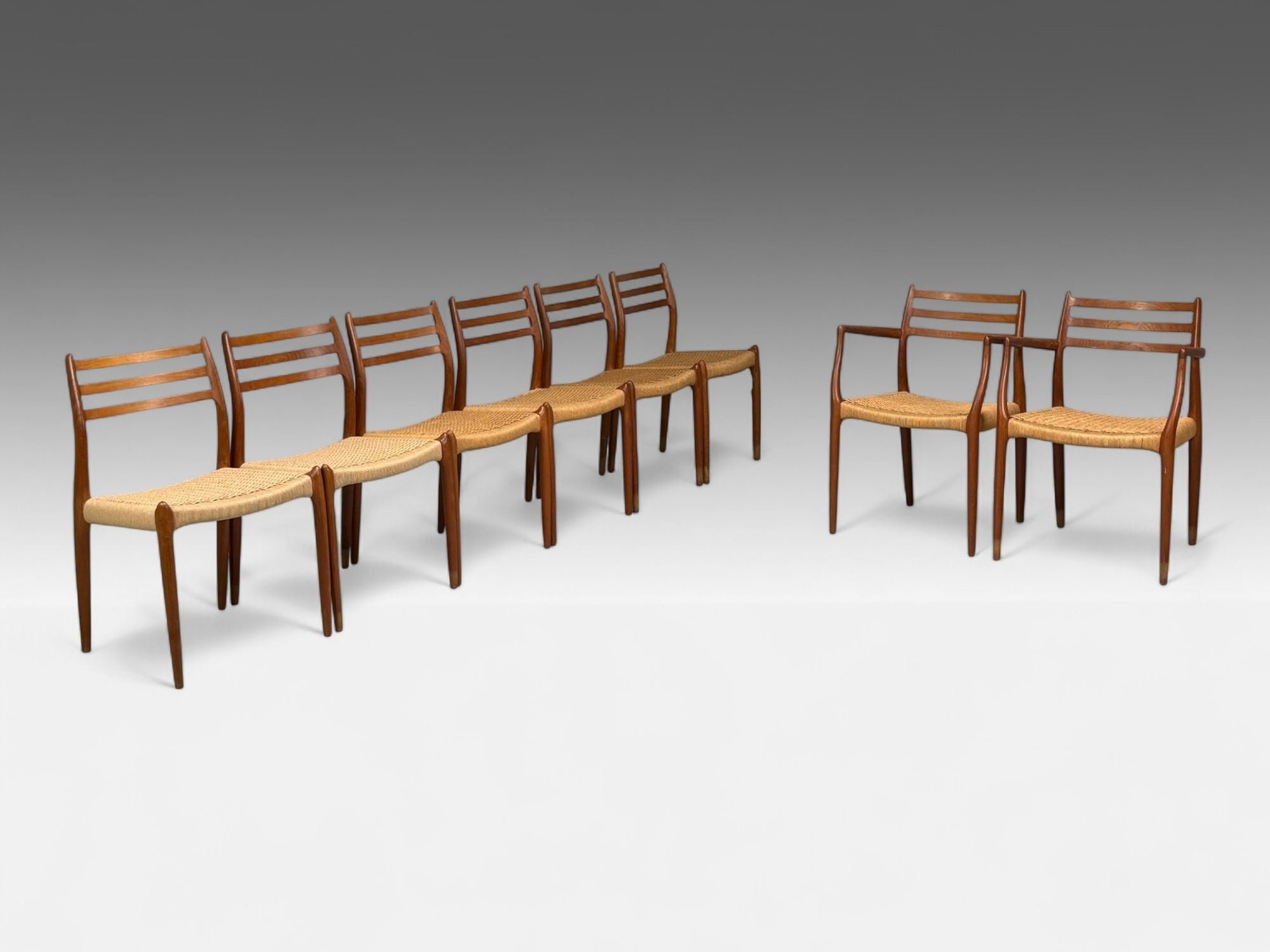 Neils O. Möller, Danish Papercord, Teak, Dining Chairs, Denmark, 1950s