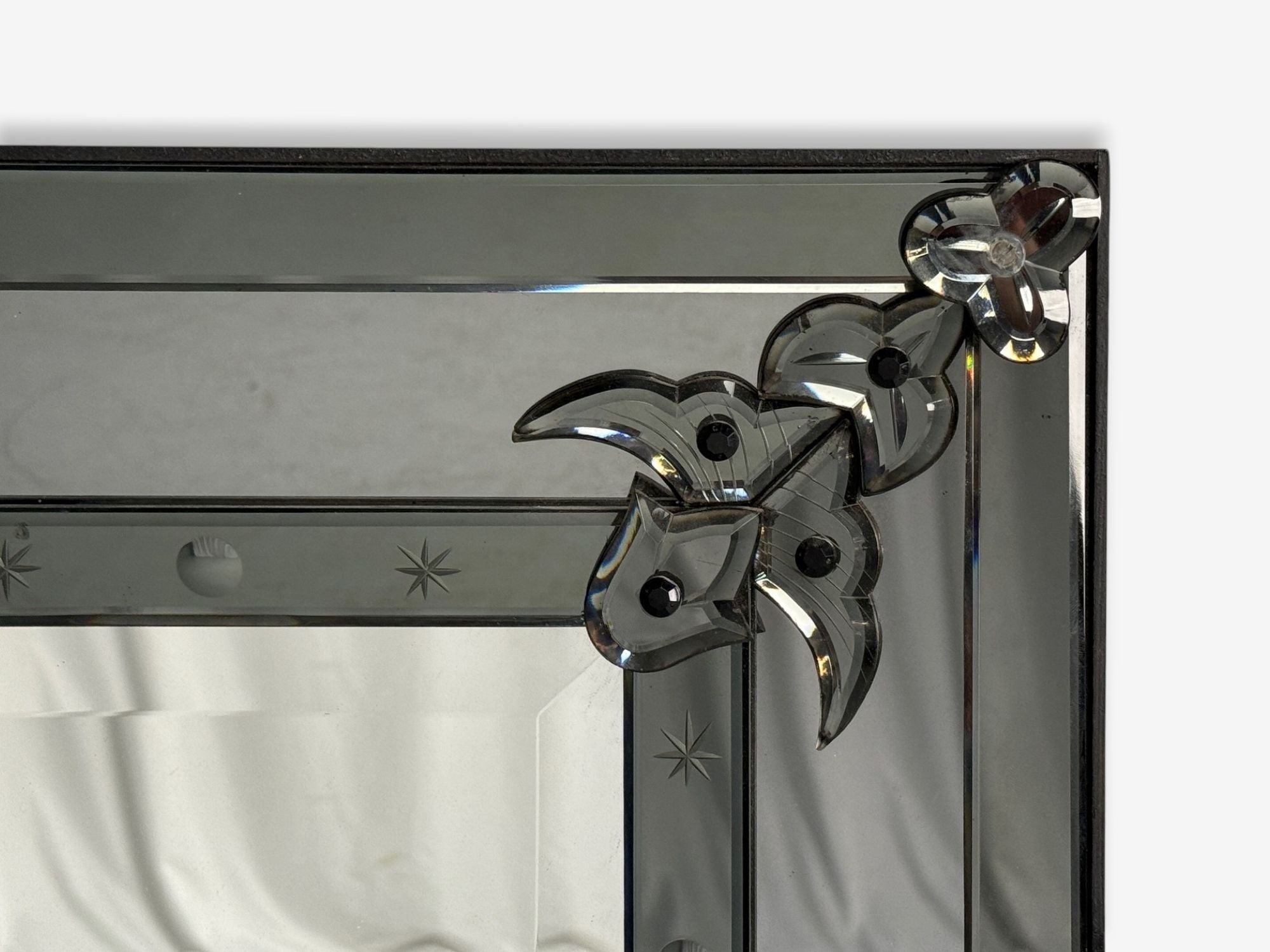 American Modern, Etched Glass, Grey Shadowbox Mirror, USA, 1980s