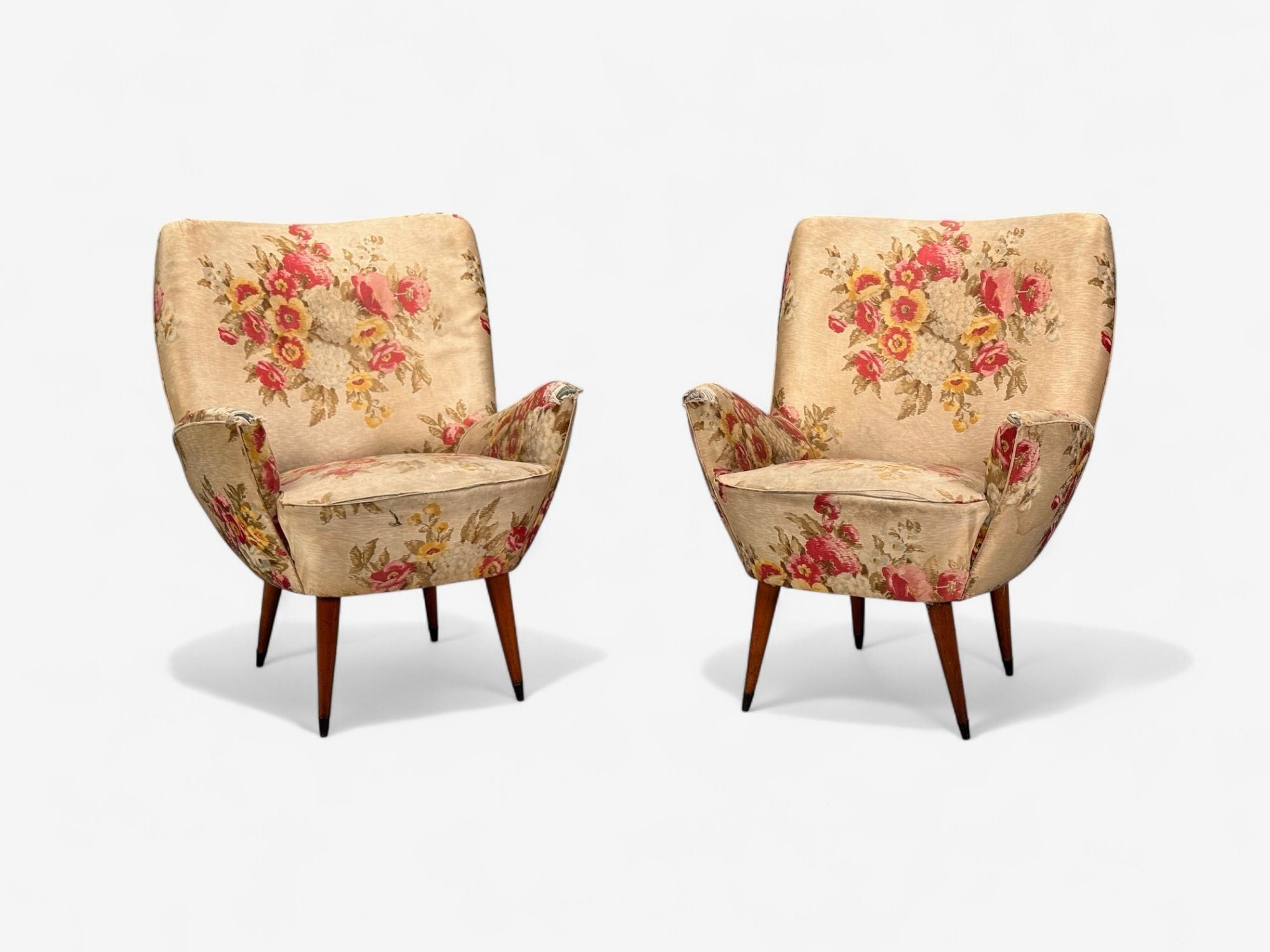 ISA Bergamo, Fabric, Wood, Brass, Organic Lounge Chairs, Italy, 1950s