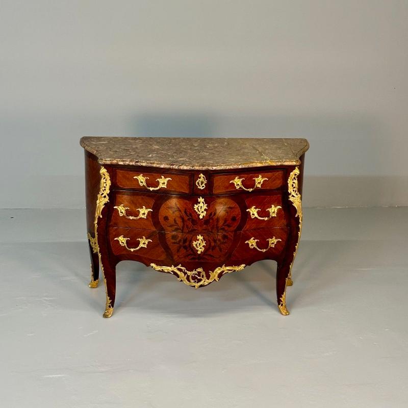 19th Century French Bombe Louis XV Style Marble Top Commode with Floral Inlays