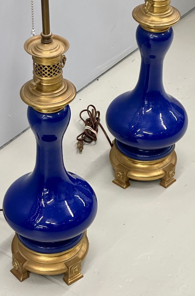 Vintage Pair of Cobalt Blue Warren Kessler Porcelain Table Lamps, Brass, Labeled