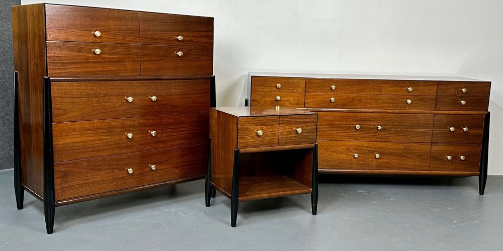 Mid Century Modern Bedroom Set, Dresser, Chest, Nightstand, W. Michigan Furn. Co