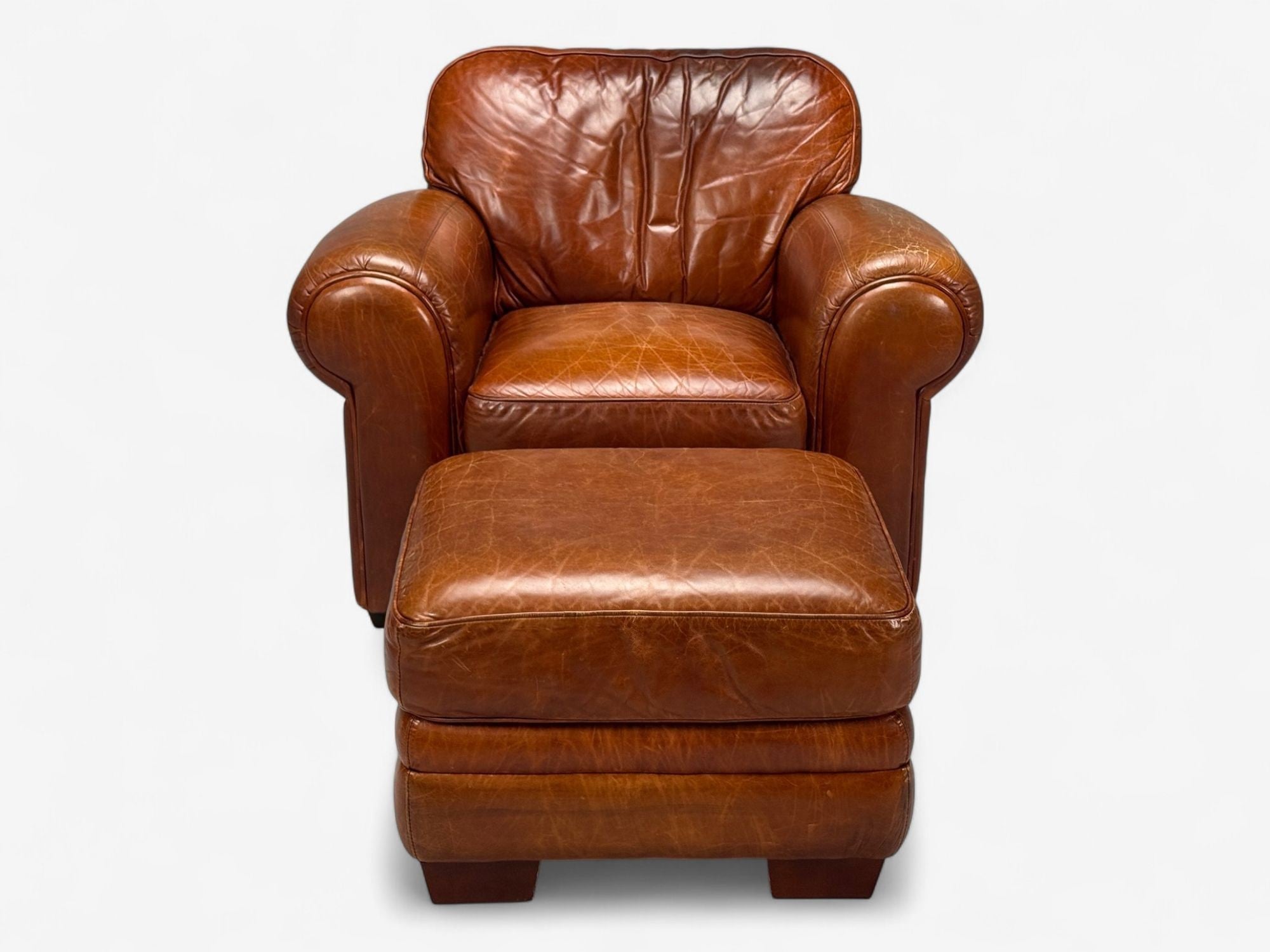 American Modern, Distressed Leather, Club Chair and Ottoman, USA, 1990s