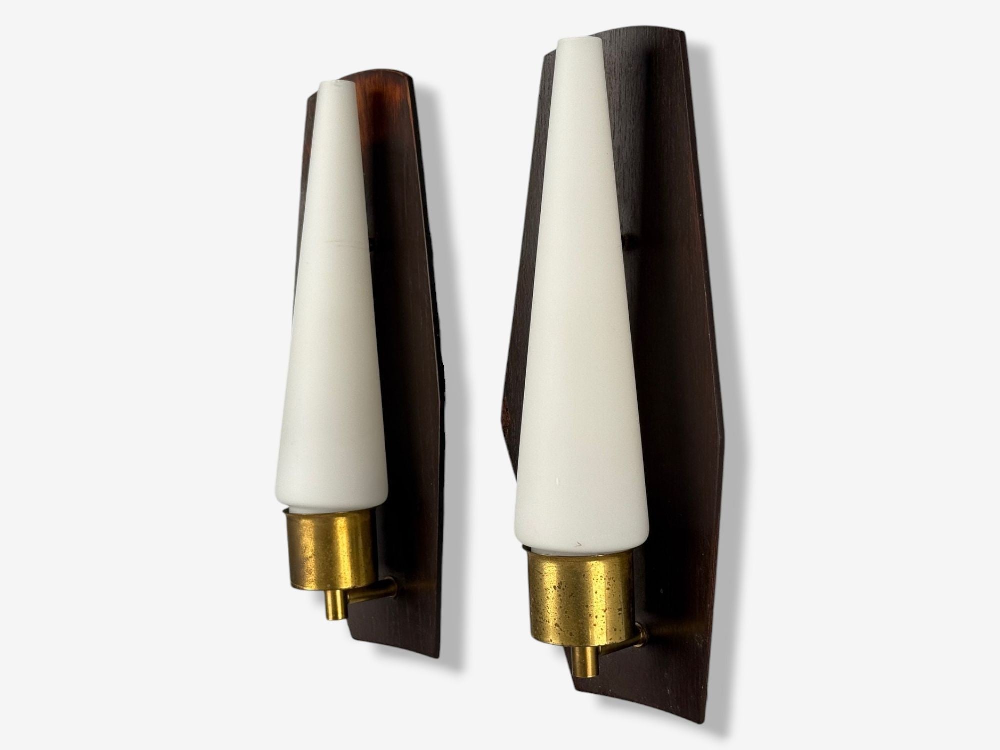 Danish Modern, Teak, Brass, Opaline Glass, Wall Lights, Denmark, 1960s