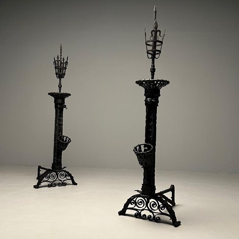 Pair Monumental Samuel Yellin Style Wrought Iron Andirons, Italian Renaissance