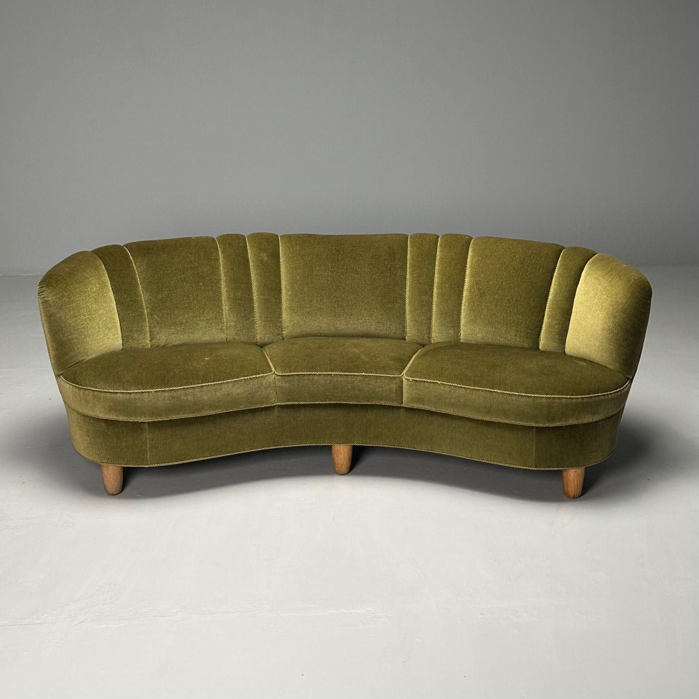 Danish Cabinetmaker, Mid-Century Modern Curved Banana Sofa, Beech, Green Velvet