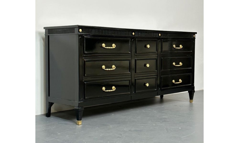 Hollywood Regency Black Lacquer Dresser, Chest, Sideboard, Maison Jansen Style