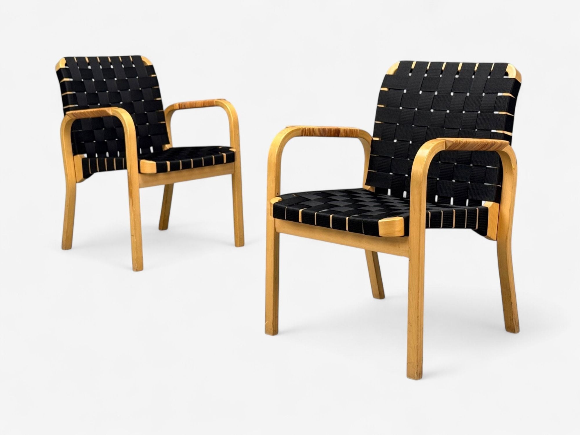 Alvar Aalto, Birch, Rattan, Black Linen Webbing, Armchairs, Finland, 1980s