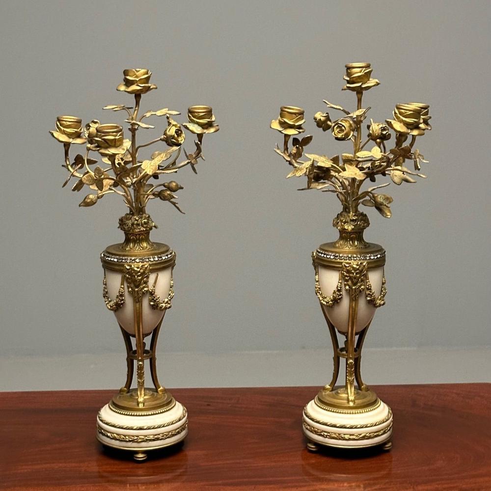 Pair of Louis XVI Style Bronze and Marble Four-Light Candelabra, Jeweled