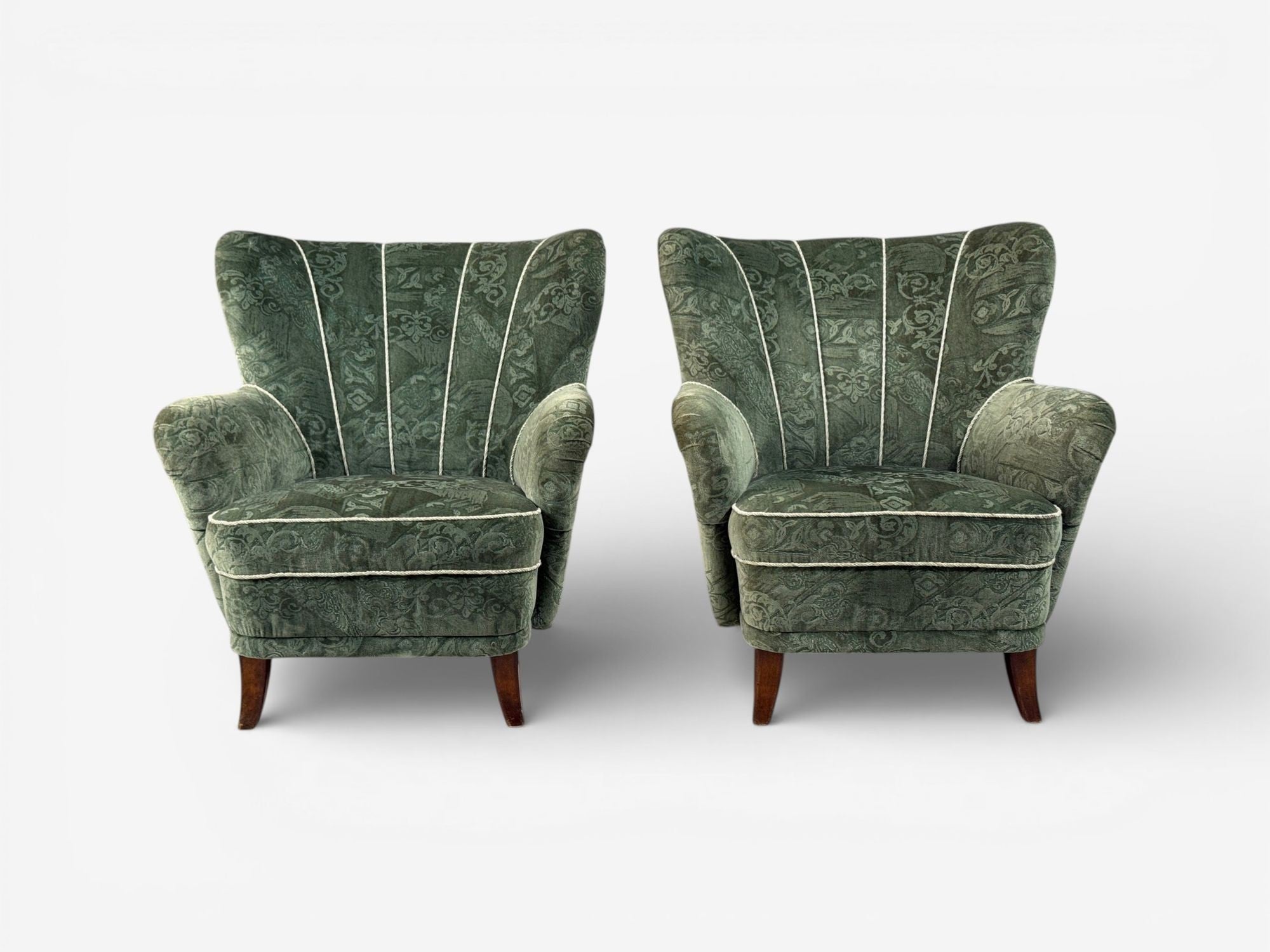 Ilmari Lappalainen, Lounge Chairs, Beech, Green Fabric, Finland, 1950s