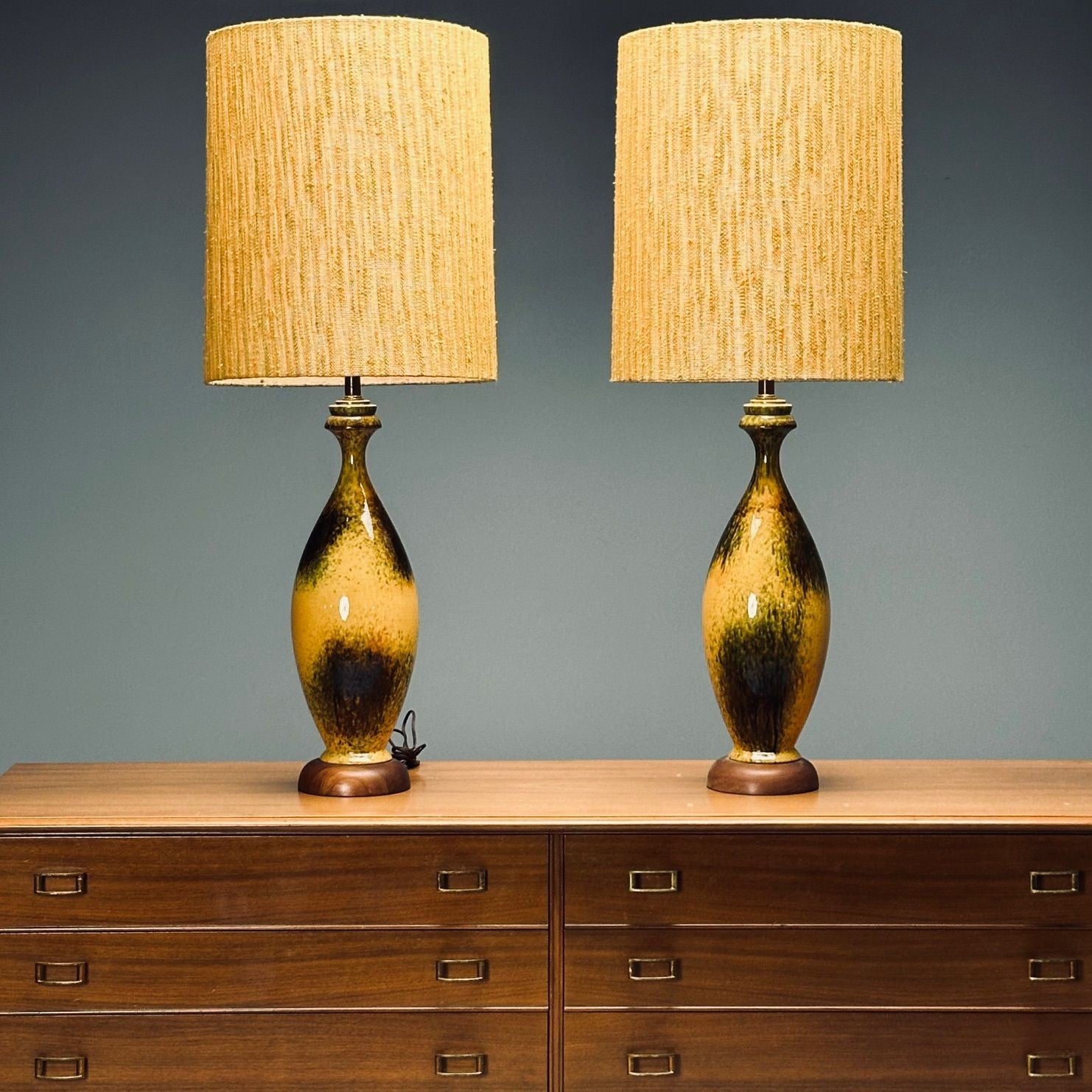American Mid-Century Modern, Large Table Lamps, Glazed Ceramic, Yellow, Fabric
