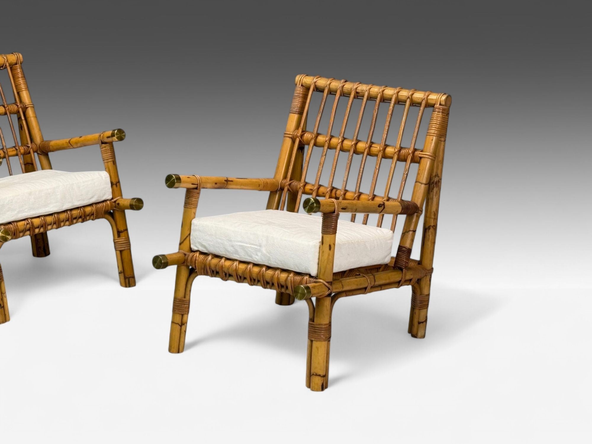 Vivai del Sud attr., Indian Cane, Wicker, Brass, Lounge Chairs, Italy, 1970s
