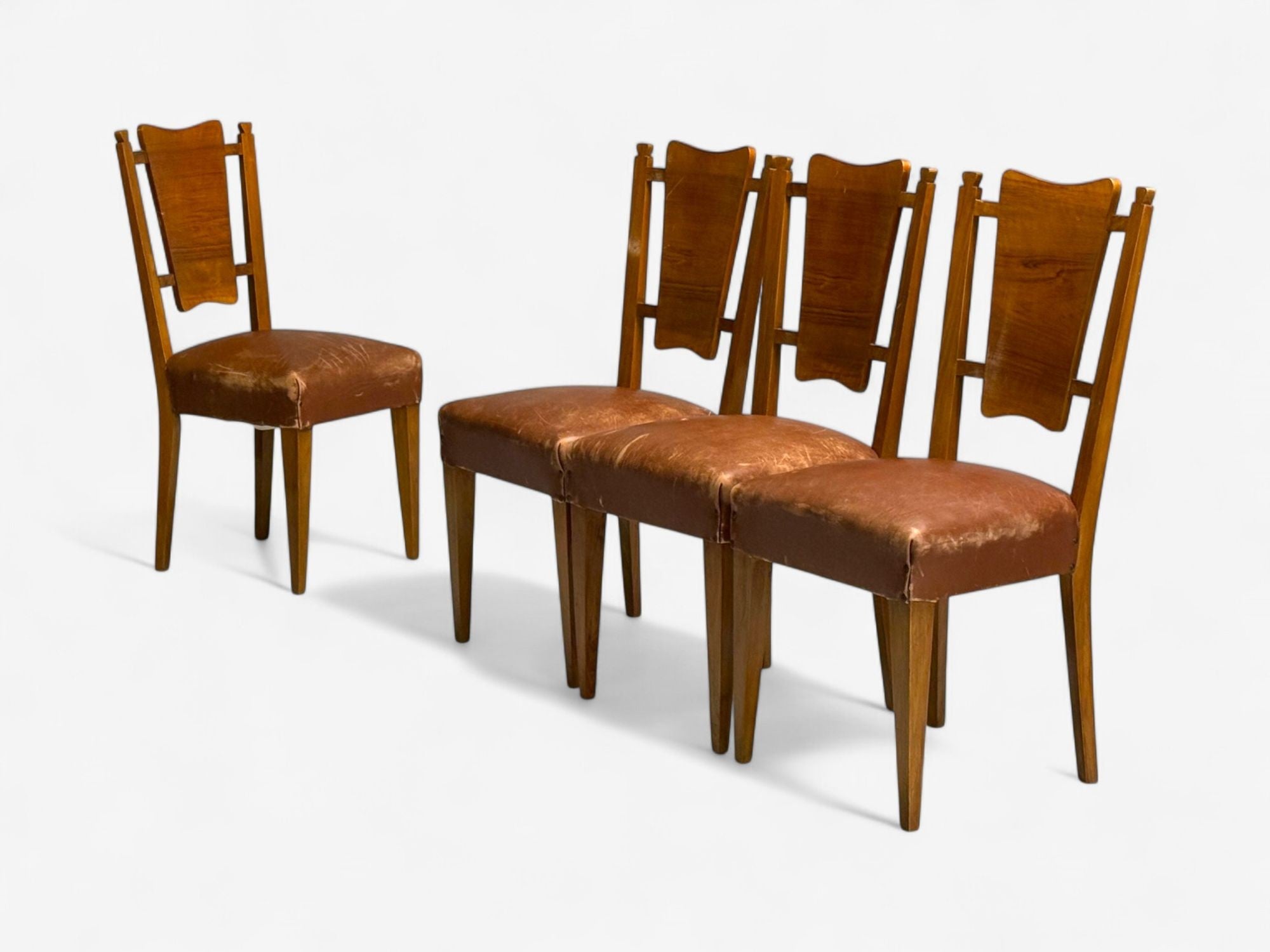 Italian Modern, Walnut, Leatherette, Eight Dining Chairs, Italy, 1950s