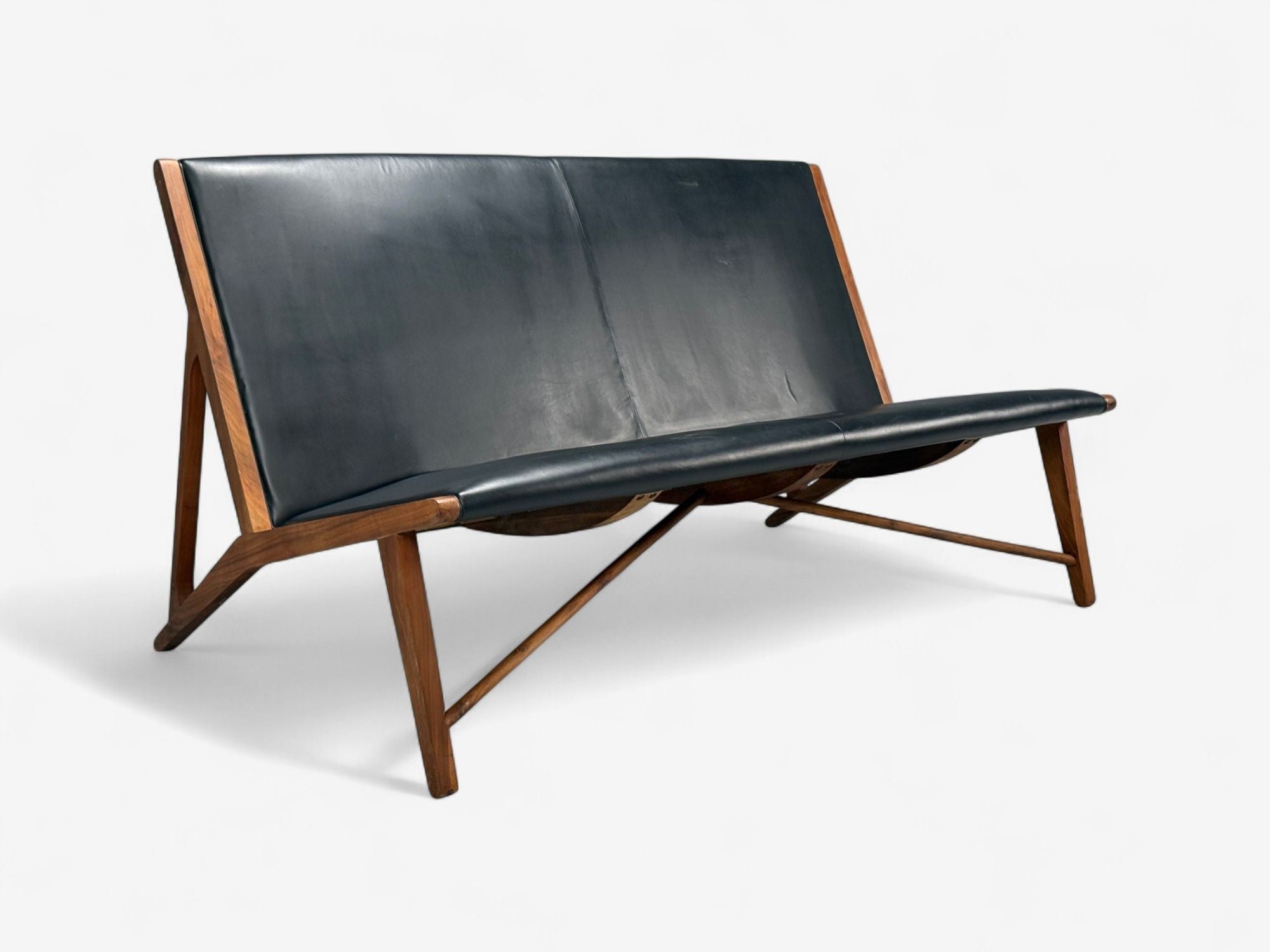Hans J. Wegner Style, Teak, Leatherette, Settee, Denmark, 1950s