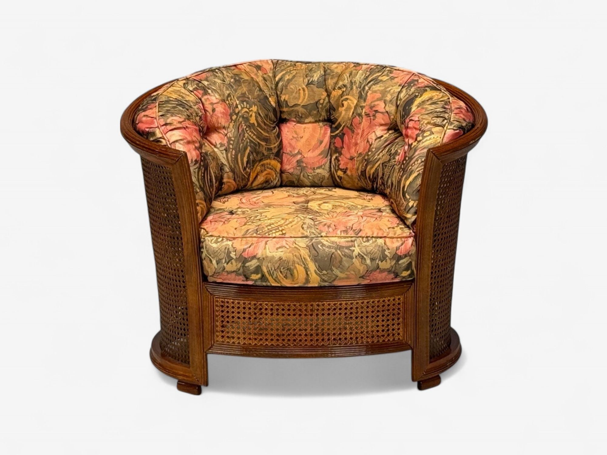 Traditional, Cane, Walnut, Barrel Back Armchair, USA, 1980s