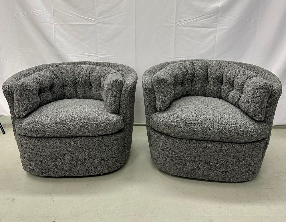 Mid-Century Modern Style Swivel, Rolling Lounge Chairs, Baughman Style, Boucle