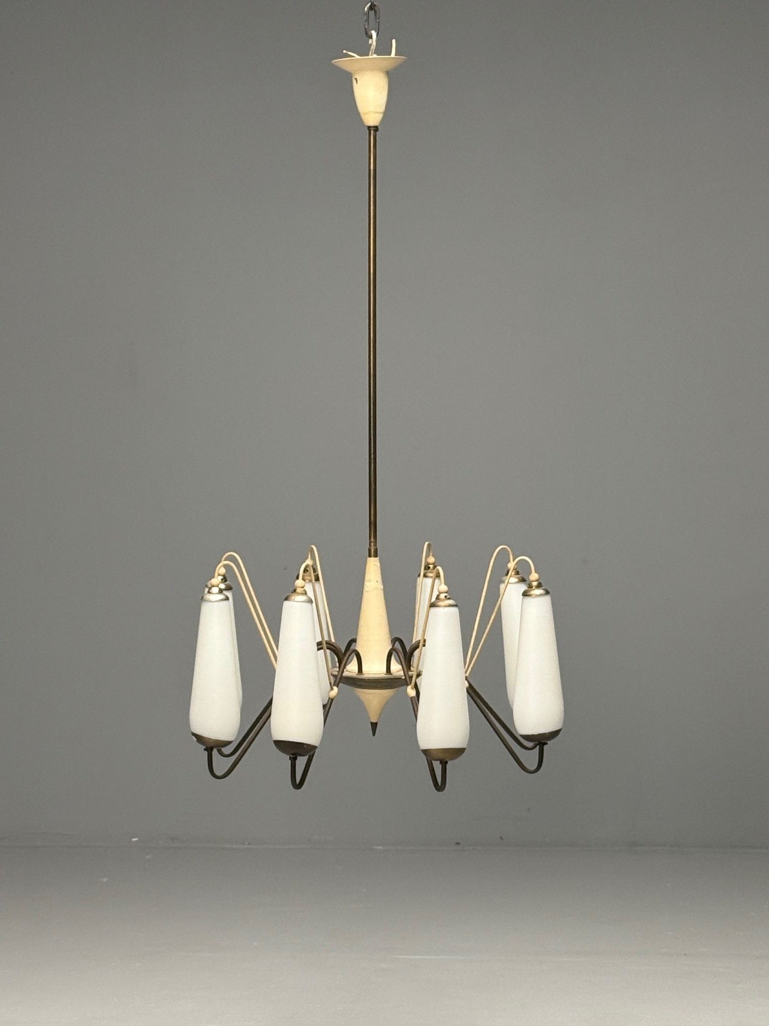 Italian Mid-Century Modern, Eight Light Chandelier, Brass, Metal, Opaline Glass