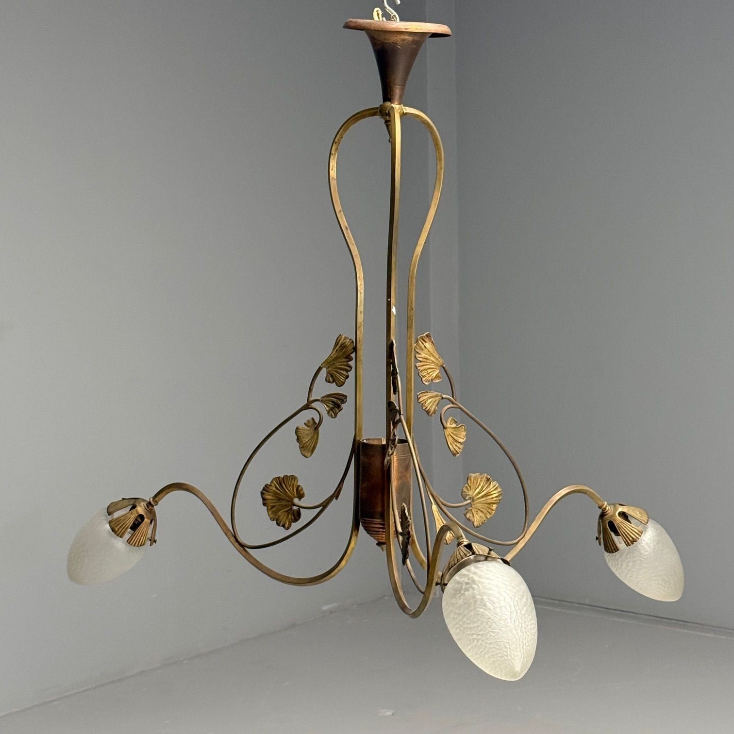 Italian Mid-Century Modern, Floral Chandelier, Brass, Copper, Italy, 1920s