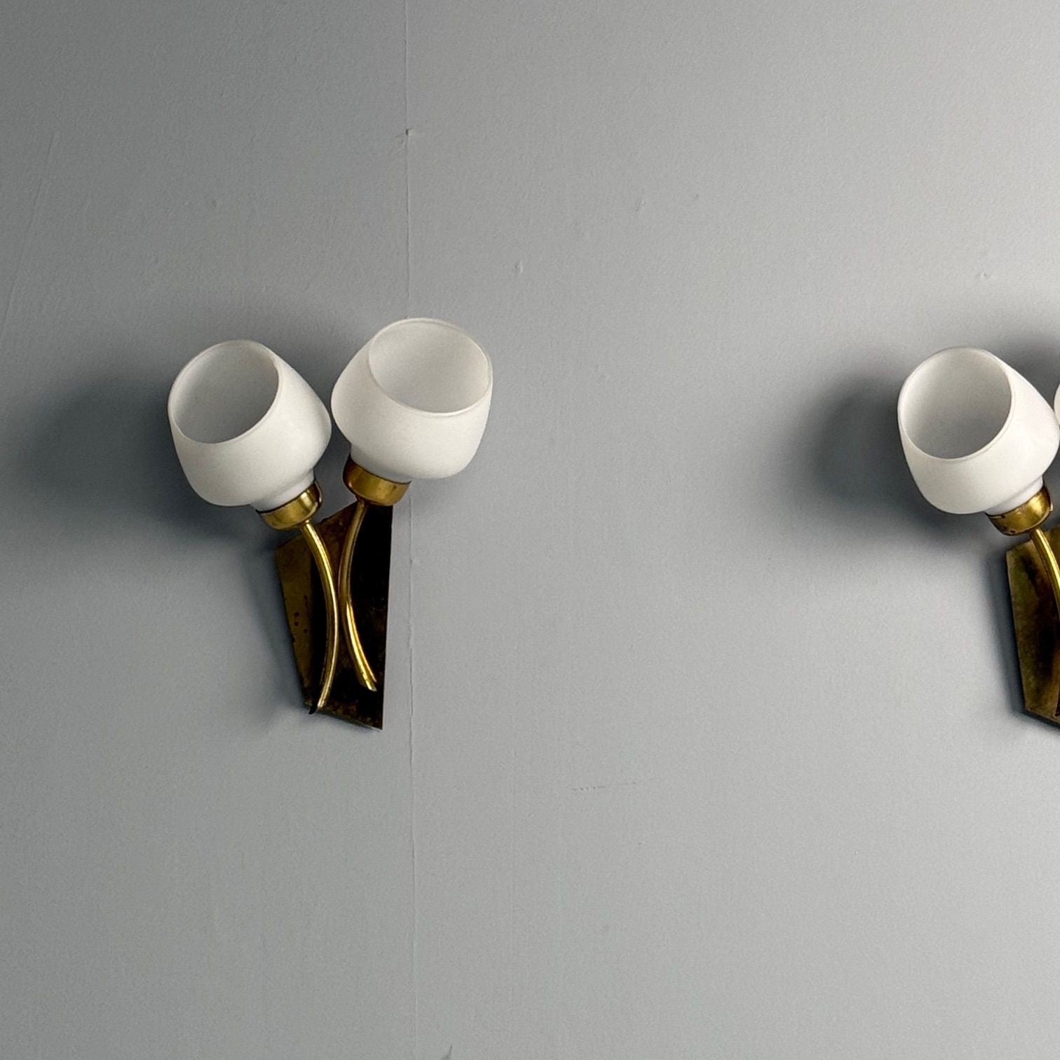Italian Mid-Century Modern, Tulip Form Wall Sconces, Patinated Brass, 1950s