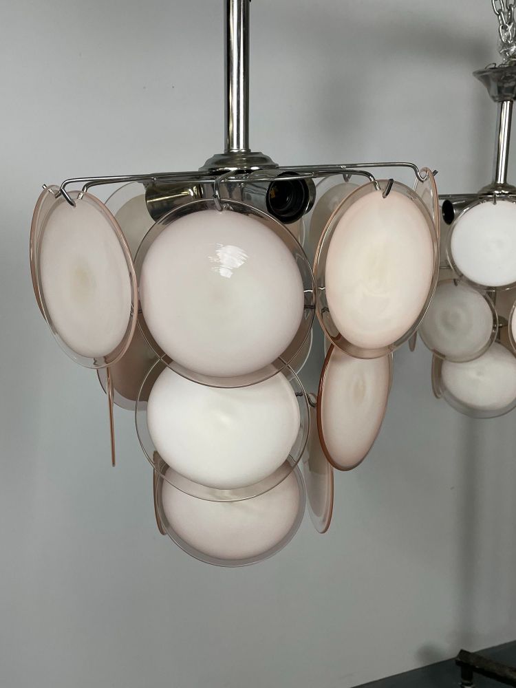 Pair of Mid-Century Modern Style Small Pink Murano Glass Disk Chandeliers