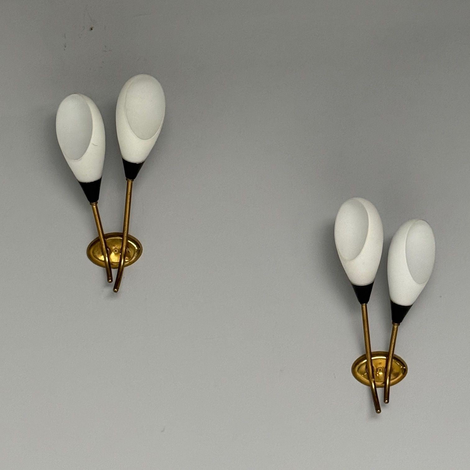 Italian Mid-Century Modern, Wall Sconces, Patinated Brass, Opaline Glass, Italy, 1950s