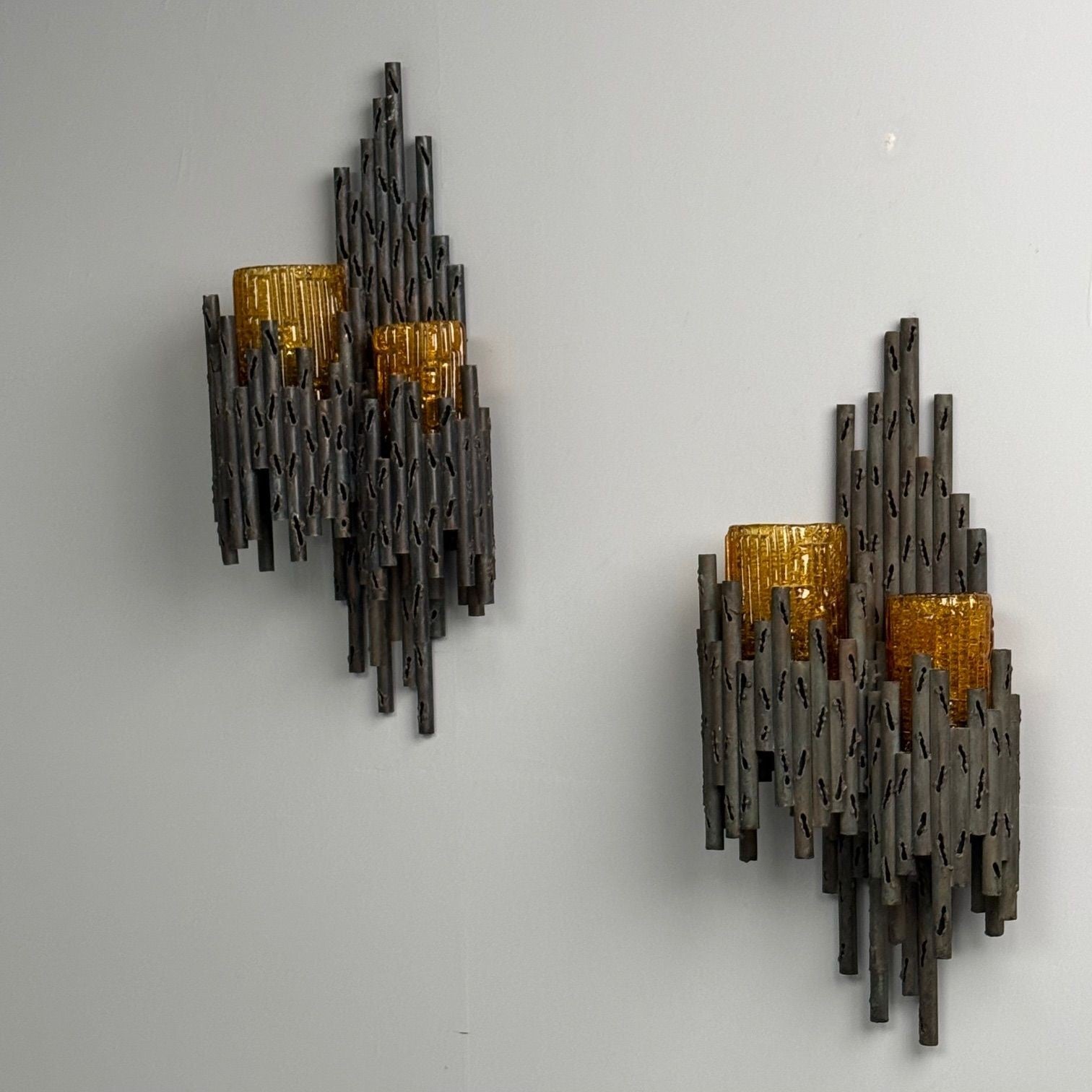 Marcello Fantoni, Brutalist Mid-Century Modern Wall Sconces, Wrought Iron, Glass
