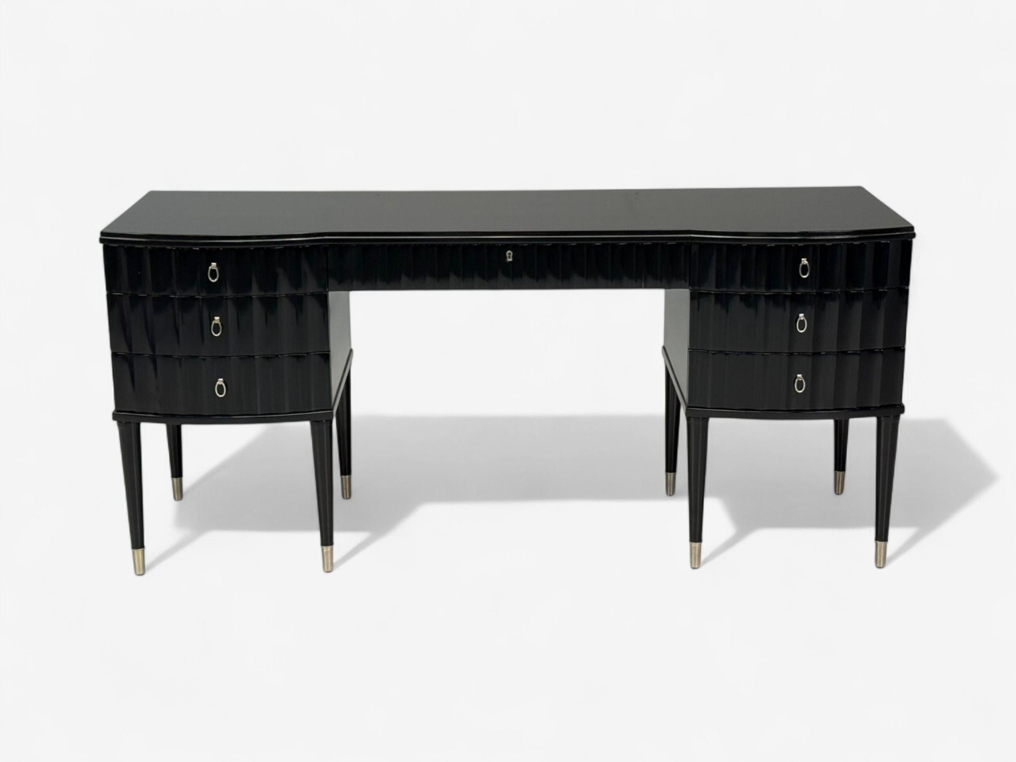 Baker, Hollywood Regency, Black Lacquer, Chrome, Writing Desk, USA, 21st C.