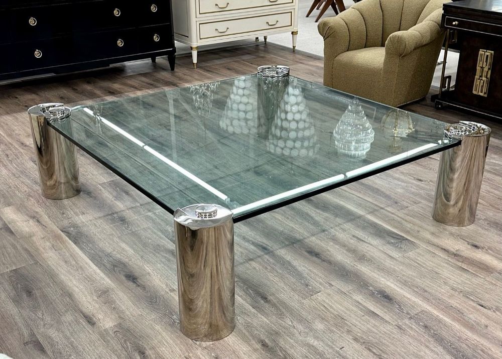 Mid-Century Modern Karl Springer Signed Chrome Coffee, Cocktail Table, Glass Top
