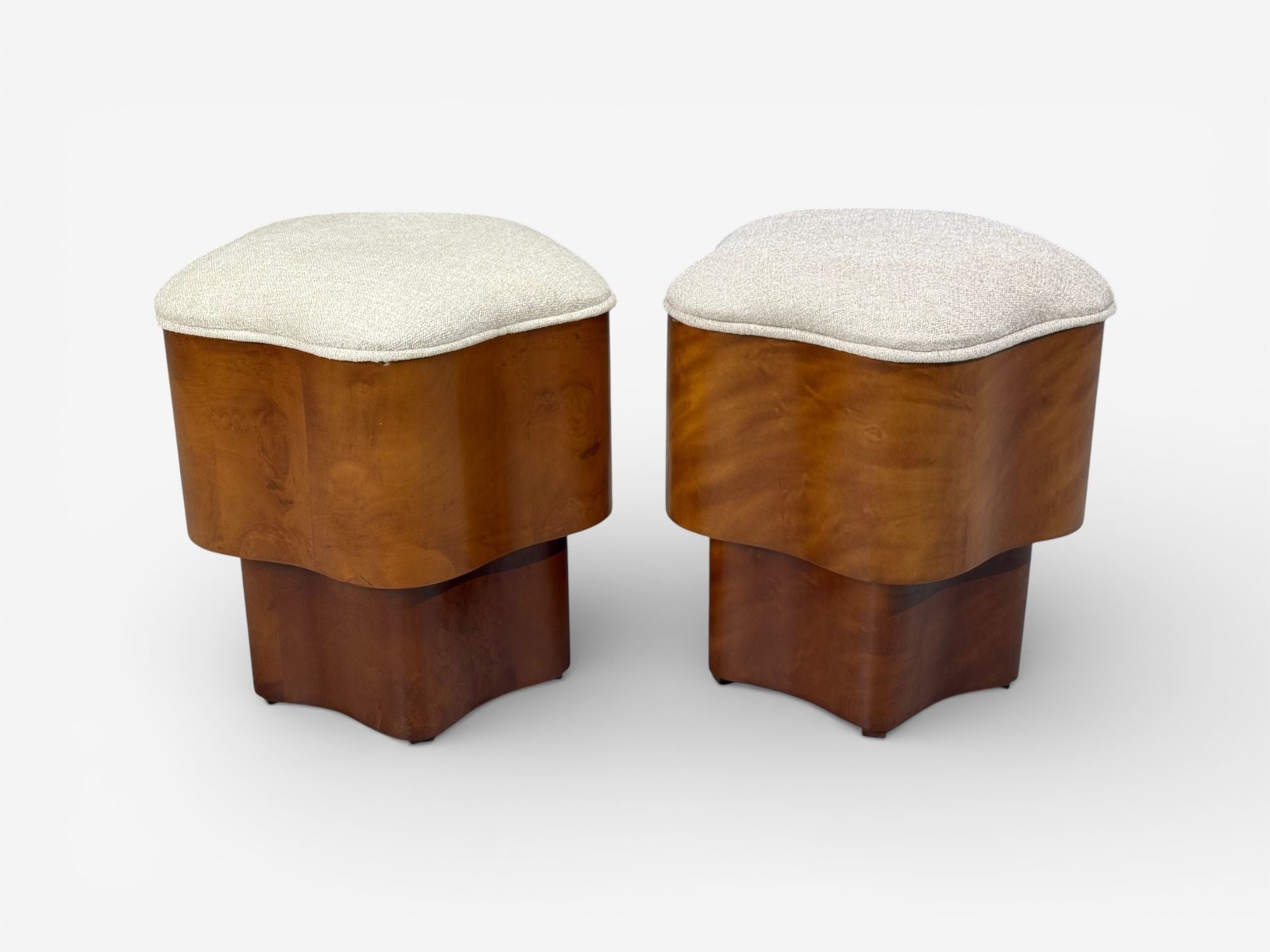 Art Deco Style, Star Motif Footstools, Burlwood, Beige Linen, 21st c.