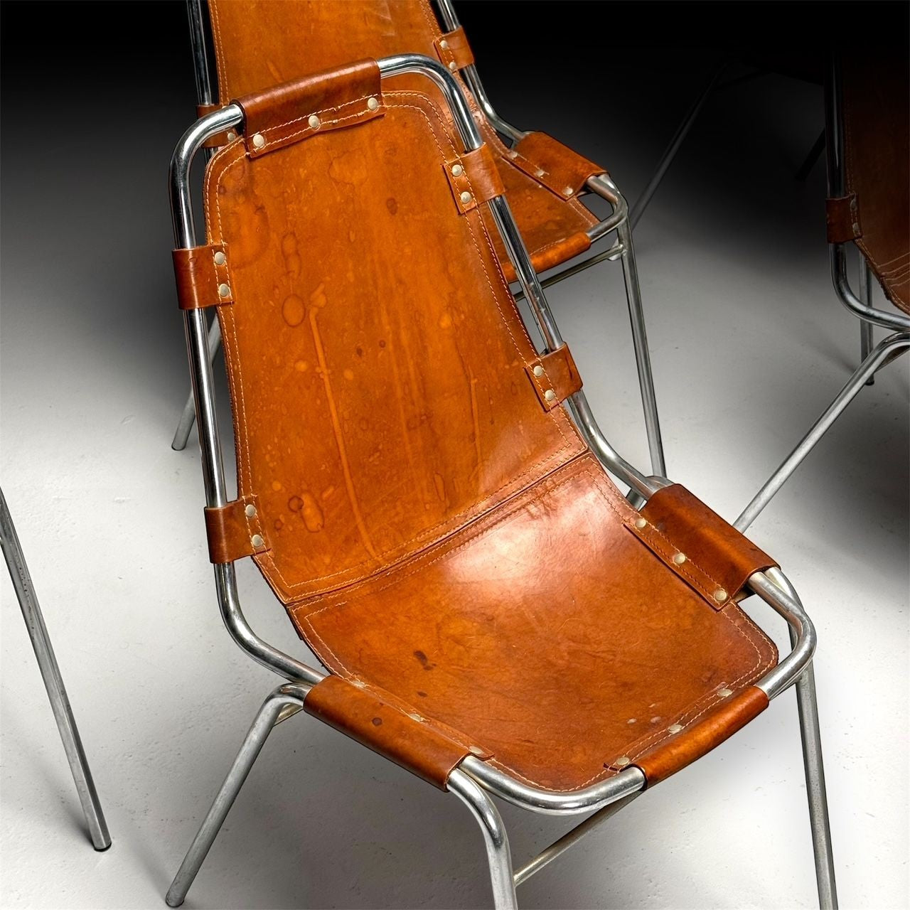 Charlotte Perriand, French Mid-Century Modern, Dining Chairs, Distressed Leather