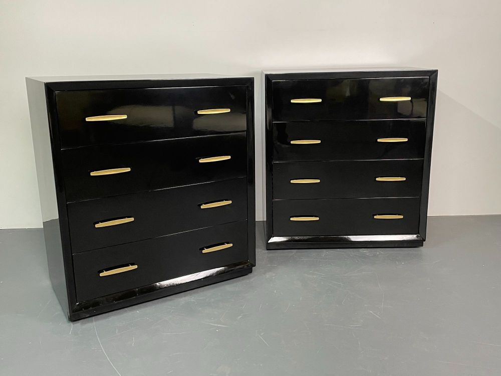 Pair of Mid Century Modern Ebony Lacquered Chests, Dressers, Brass, American