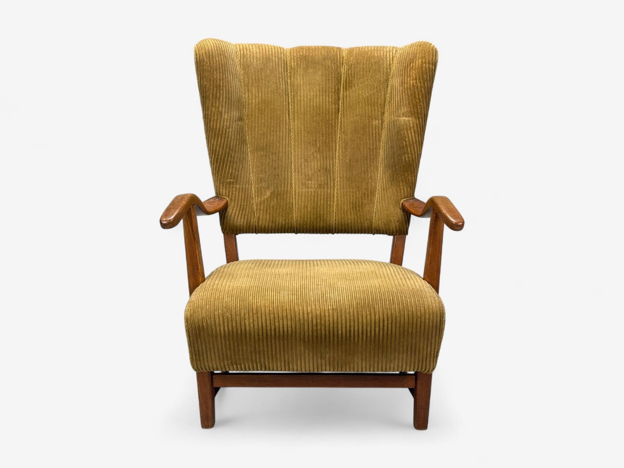 Frits Henningsen, Danish Modern, Corduroy, Wood, Lounge Chair, Denmark, 1940s