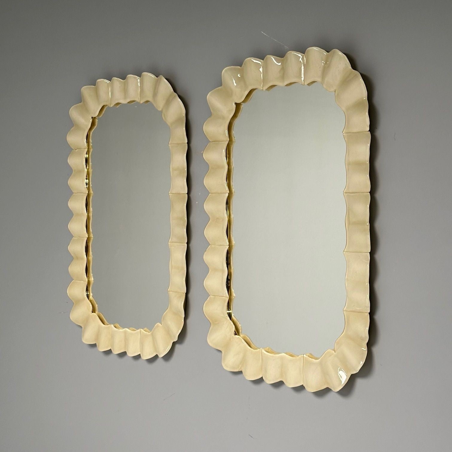 Modern Ruffle Wall Mirrors, White Murano Glass, Brass, Italy, 21st c.