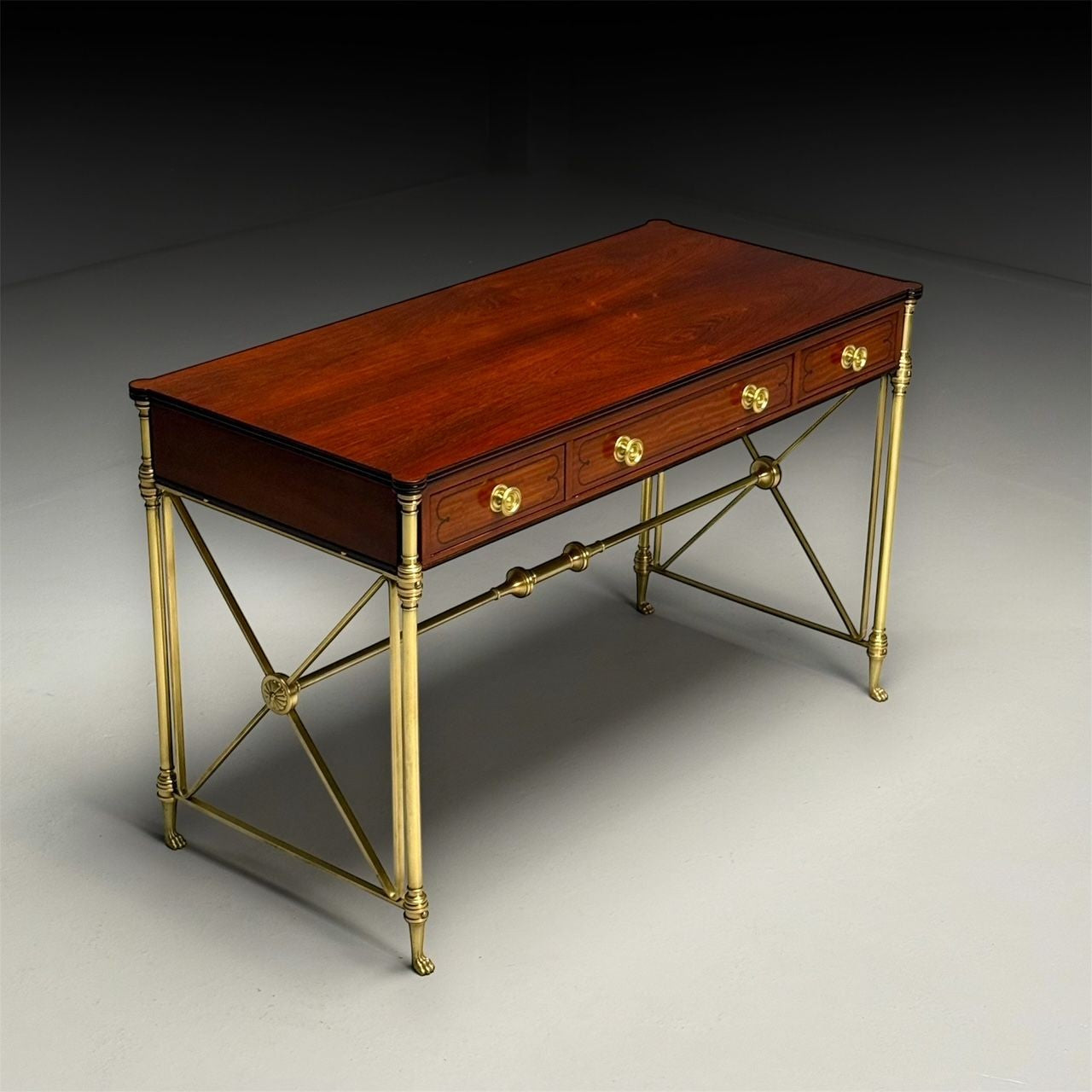 Kittinger, English Regency, Campaign Desk, Rosewood, Satinwood, Brass, USA 1950s