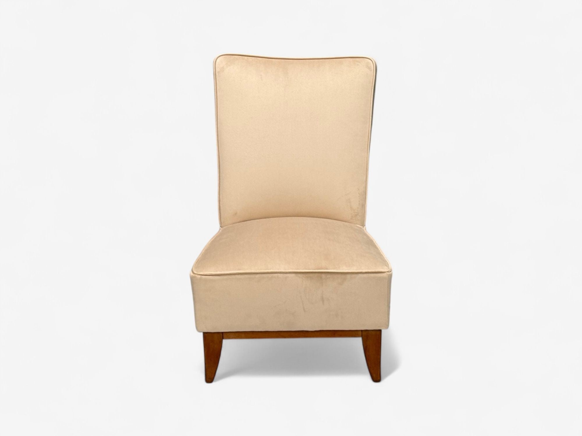 Guglielmo Pecorini, Stained Wood, Beige Velvet, Low Lounge Chair, Italy, 1950s