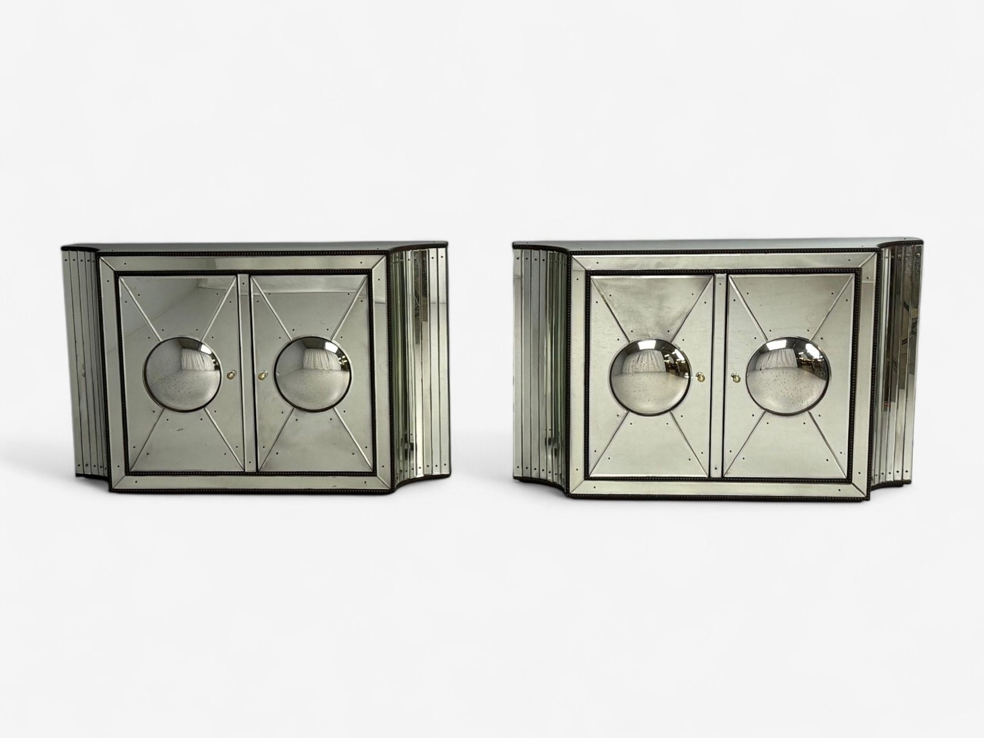 Art Deco Style, Antique Glass, Painted Wood, Concave Mirrored Cabinets