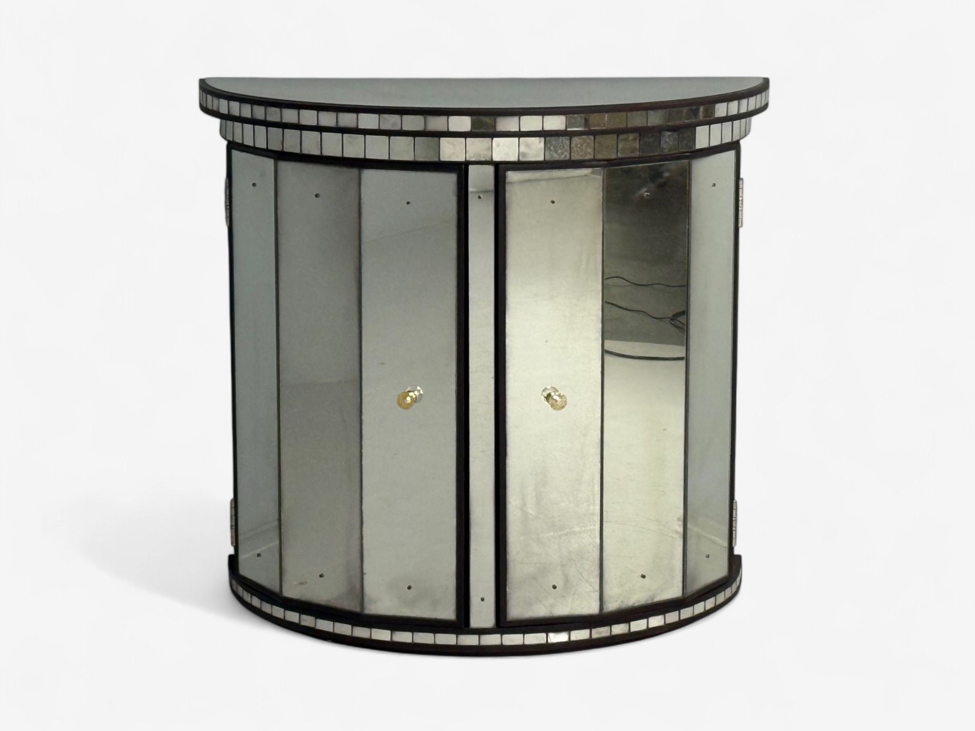 Hollywood Regency Style, Distressed Glass, Mirrored Demilune Cabinet