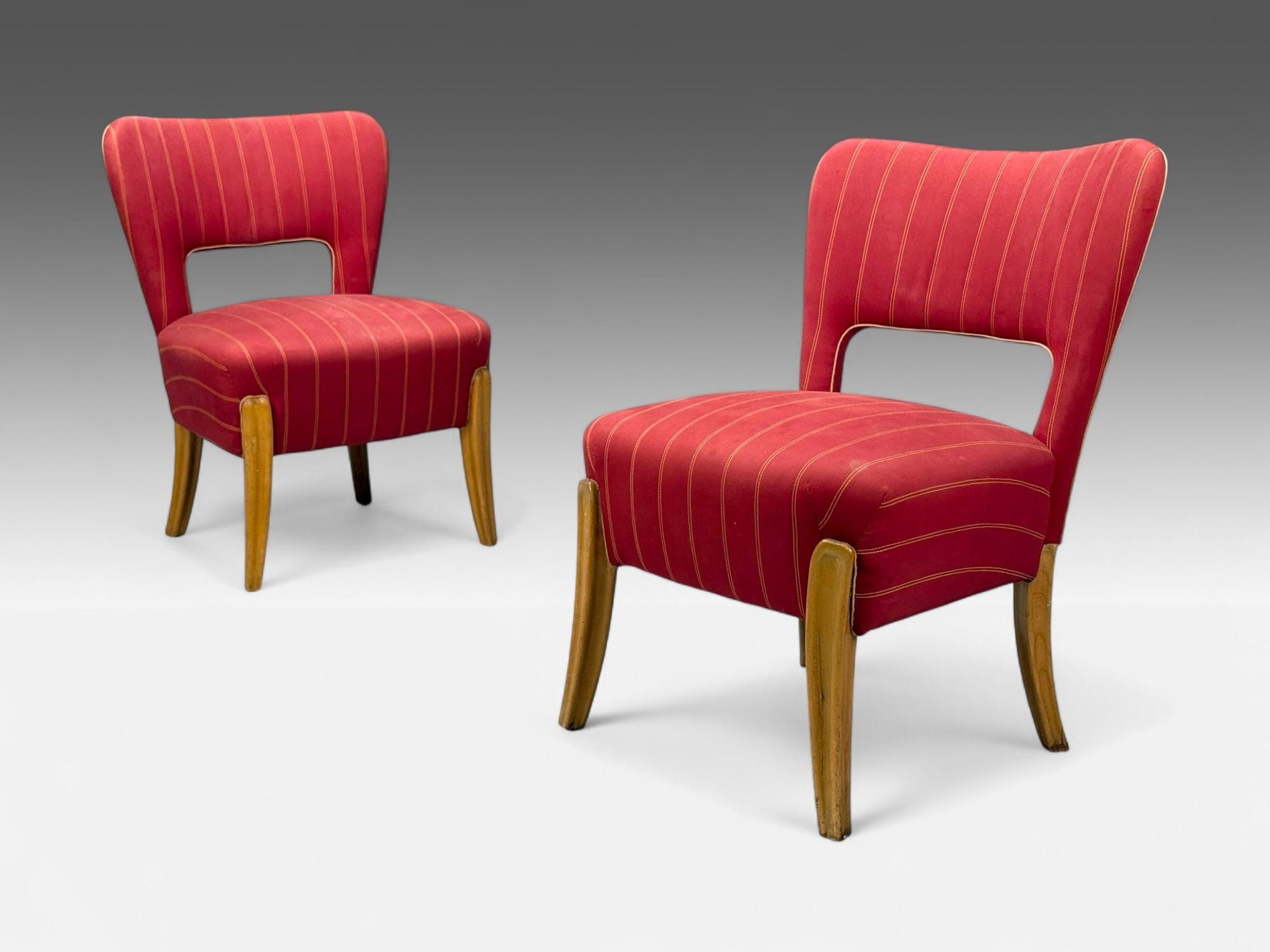 Pier Luigi Colli, Maple, Red Fabric, Low Lounge Chairs, Italy, 1950s