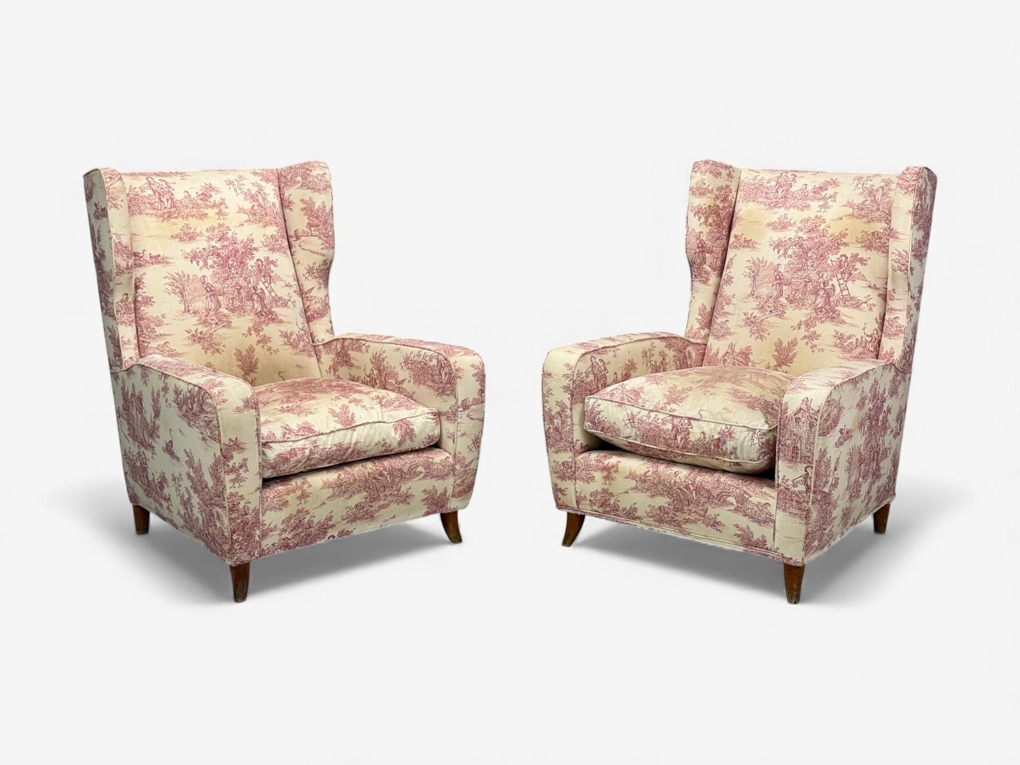 Italian Modern, Ashwood, Fabric, Large Wingback Chairs, Italy, 1950s