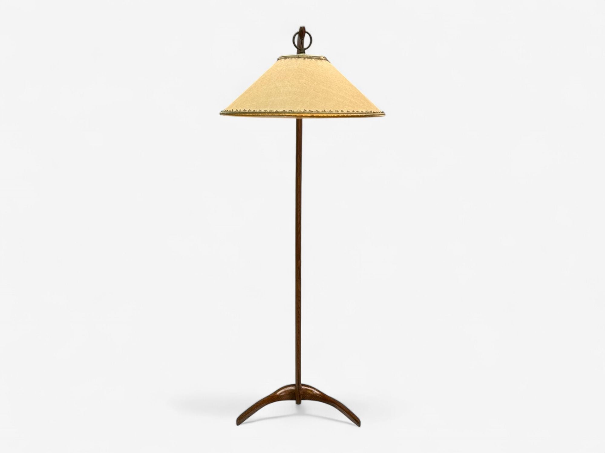 Italian Modern, Elmwood, Brass, Curved Floor Lamp, Italy, 1940s