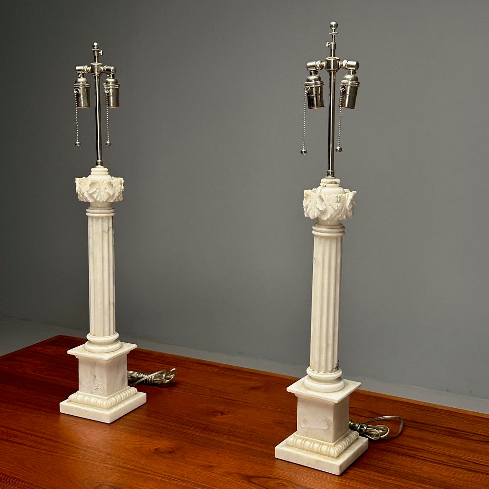 Italian Neoclassical, Column Motif Table Lamps, Marble, Italy, 1950s