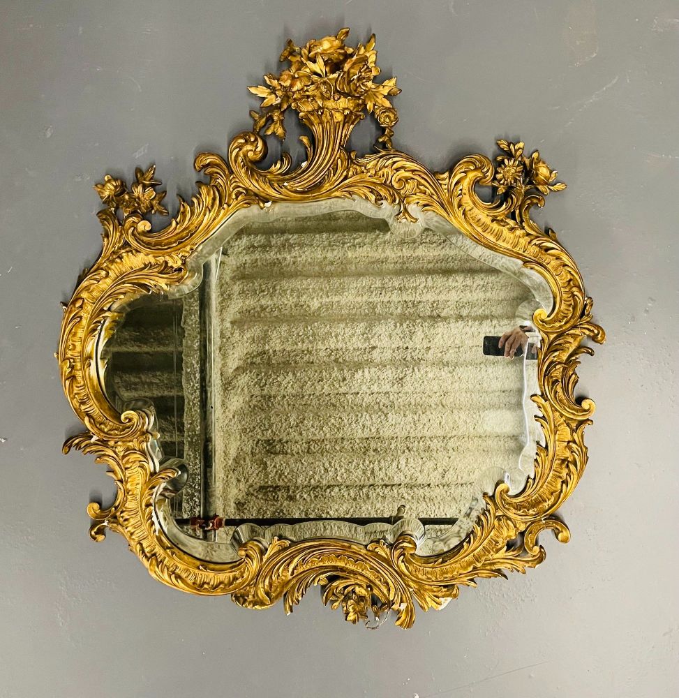 19th 20th Century Giltwood French Mirror, Wall or Console, Floral Decorated