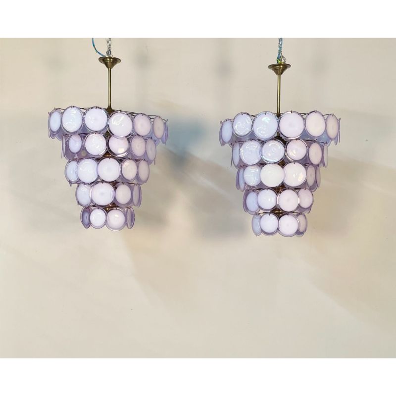 Pair Murano Disc Mid-Century Modern Tiered Chandelier, Antiqued Brass, New Wired