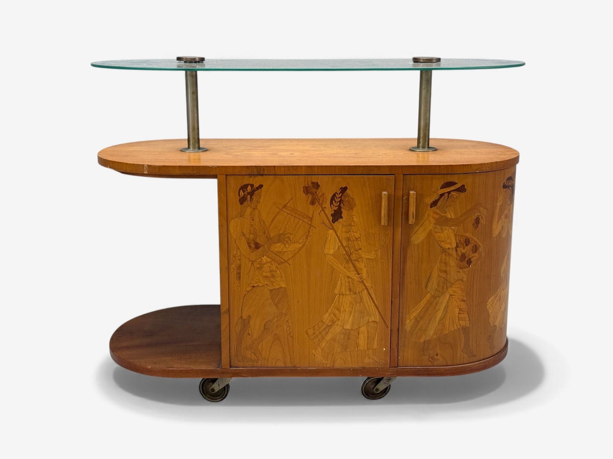 Erik Mattsson, Art Deco, Marquetry, Glass, Rare Bar Cart, Sweden c. 1939