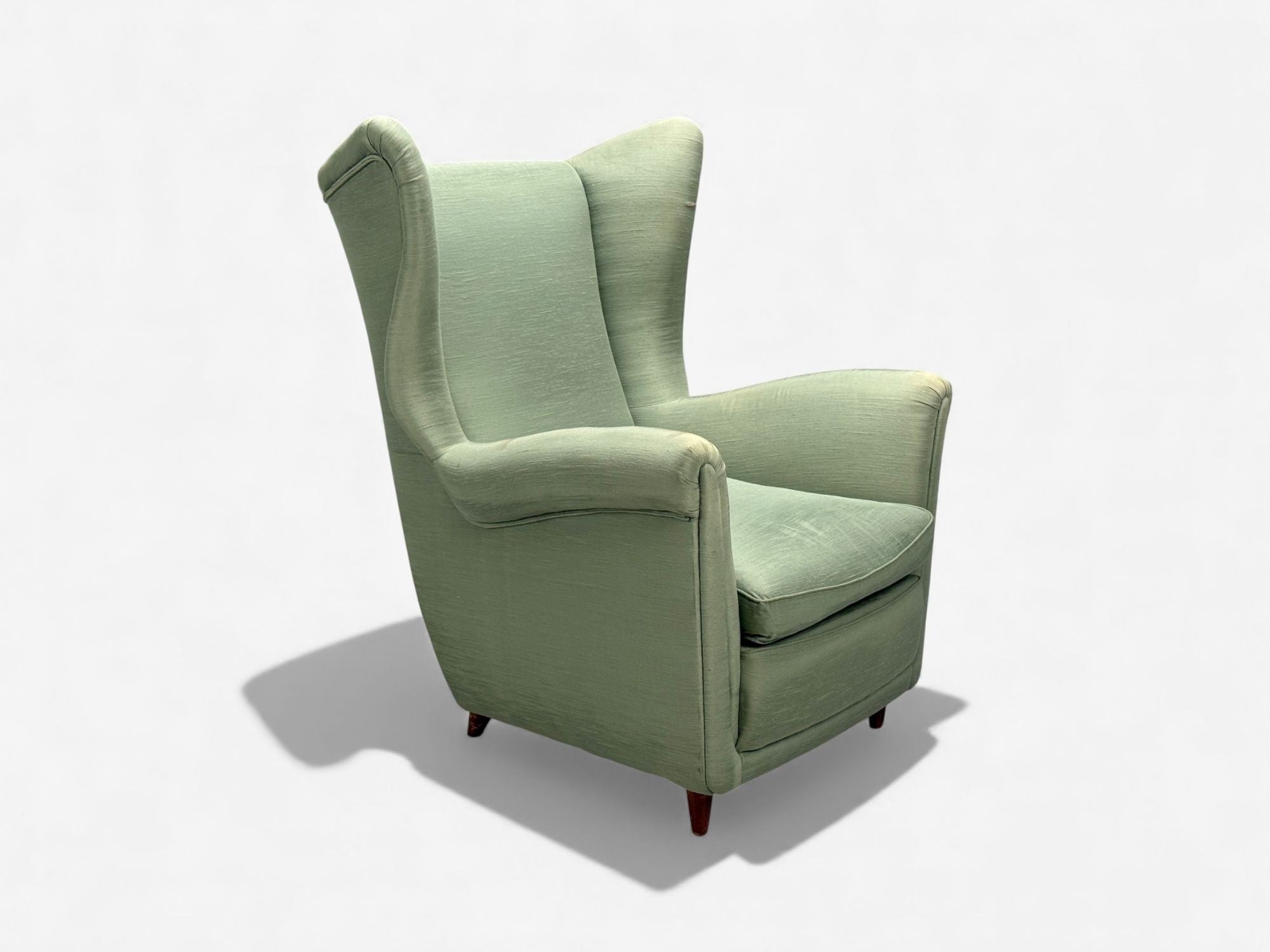 Melchiorre Bega, Green Fabric, Wood, Lounge Chair, Italy, 1950s