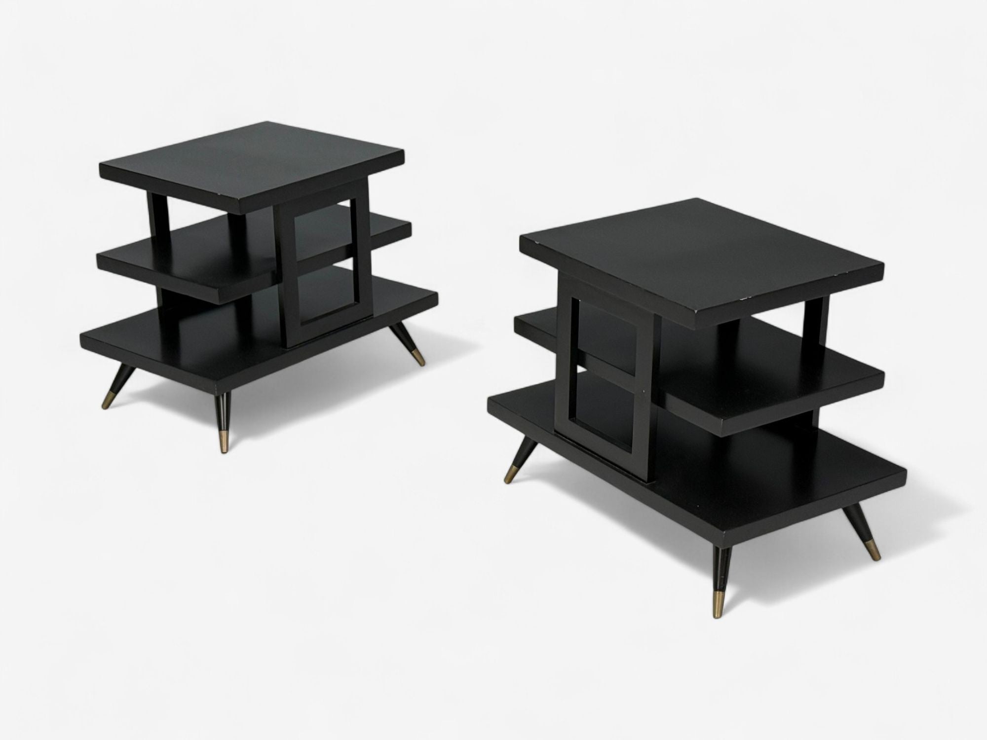Ico Parisi Style, Ebonized Wood, Brass, Sculptural Side Tables, Europe, 1950s