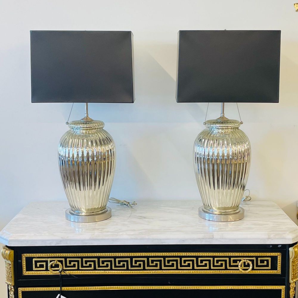 Pair of Mid-Century Modern Silver Table Lamps, Mercury Glass, Brass, Urn-Shaped