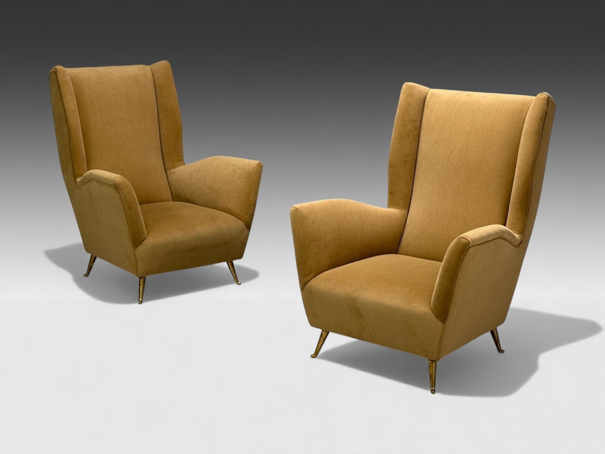 ISA Bergamo, Camel Velvet, Bronze, Wingback Chairs, Italy, 1950s