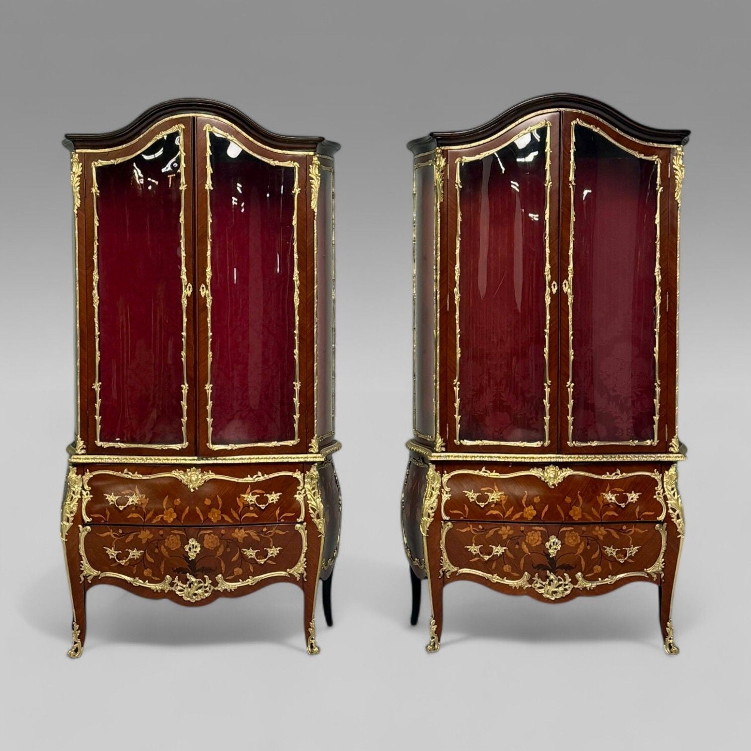 Louis XV Style, Bombe Vitrines, Ormolu Bronze, Inlaid Marquetry, France, 19th
